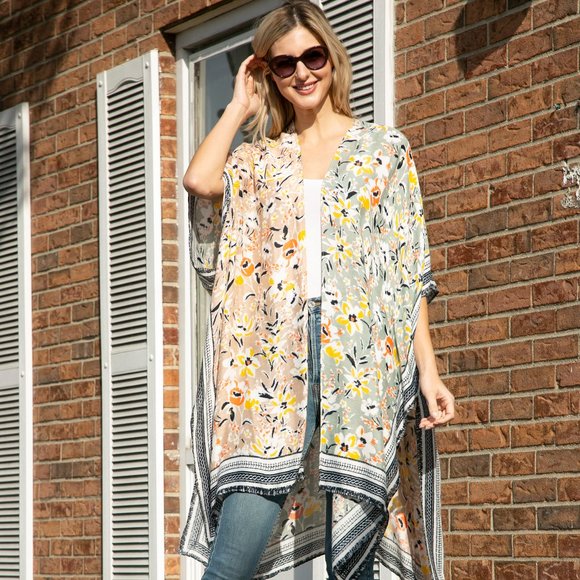 P/S Multi-Colored Flower Print Long Cover Up·Kimono·Wrap·SwimsuitCover·ComfyLuxe - Picture 3 of 5